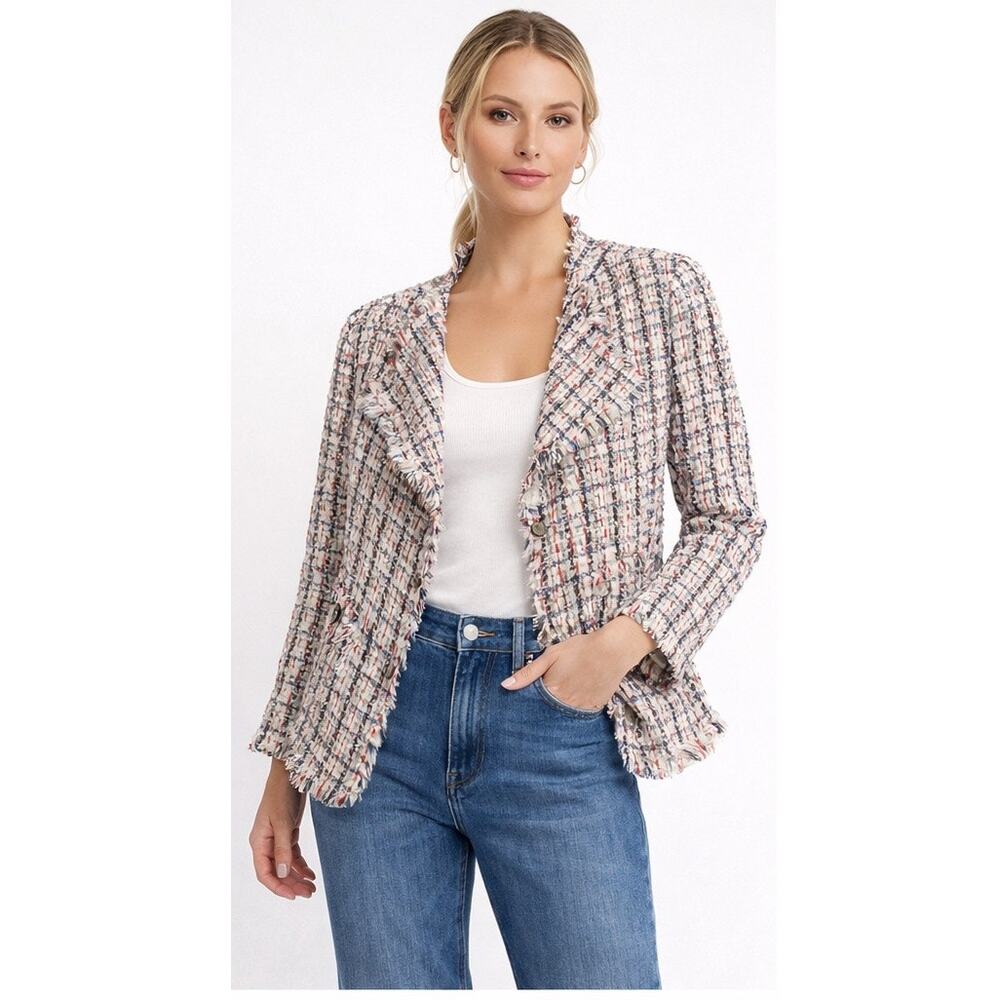 Anne Klein Tweed Fringe Blazer Size 8 Metallic Thread Jacket